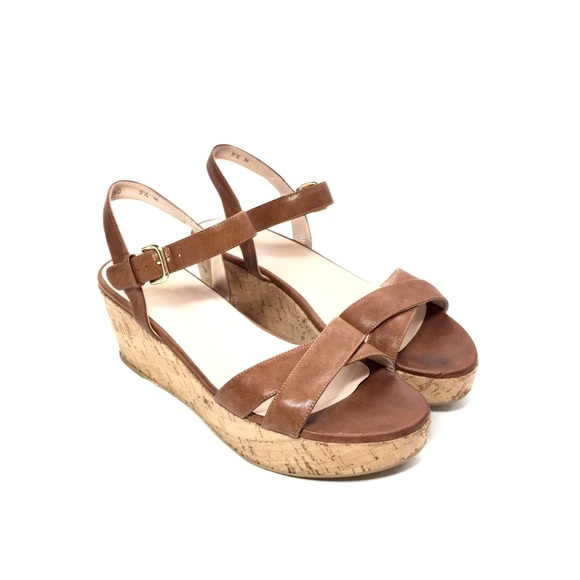 Stuart Weitzman Cognac Leather Cork Platform Wedge - Picture 1 of 12